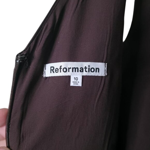 Reformation Zenni Mole‎ Brown Satin Mini Dress Jewel Neck A-Line Size 10 - Picture 4 of 11